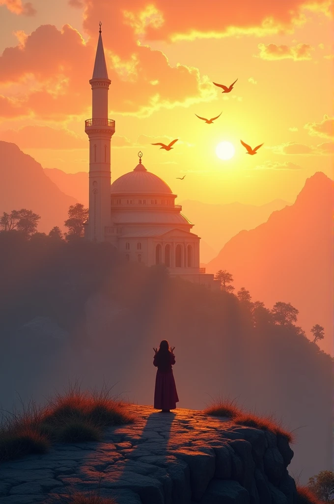 Mountainous Landscape with Mosque:
"A serene mountainous landscape at sunrise with a lone mosque perched on a hilltop. The golden sunlight illuminates the mosque's minaret, with birds soaring in the sky above. A person stands on a path leading to the mosque, looking up with their hands raised in supplication, symbolizing deep trust and faith in Allah. The sky is a blend of warm colors, creating a peaceful and spiritual atmosphere."