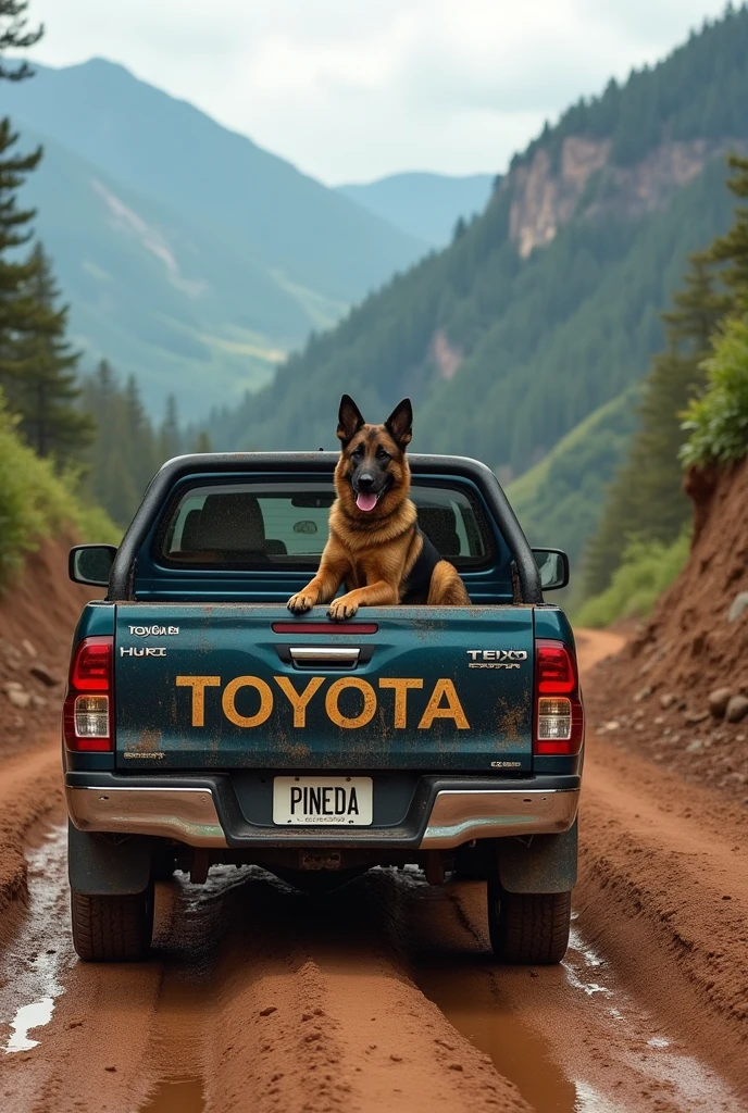 Create a white Toyota Hilux, that the license plate holder says "PINEDA" and in the back I carried a Belgian shepherd dog with fully tinted windows and a rough appearance, with a bottom a mountain on a dirt road with mud.