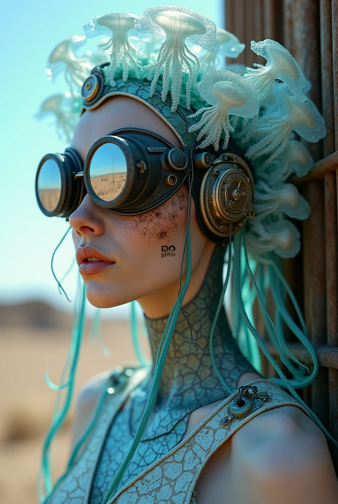 Ethereal Cyborg Woman, bioluminescent jellyfish tiara. Steampunk goggles merge with translucent tentacles. Cracked porcelain skin meets iridescent scales. Mechanical implants and delicate tendrils intertwine. Human characteristics with an otherworldly glow. Dreamy aquatic tones contrast with aged metal. Reflective eyes capture invisible worlds. Gentle bioluminescence meets a harsh desert landscape. Fusion of organic and synthetic, ancient and futuristic. Hyper-detailed textures, surreal atmosphere.