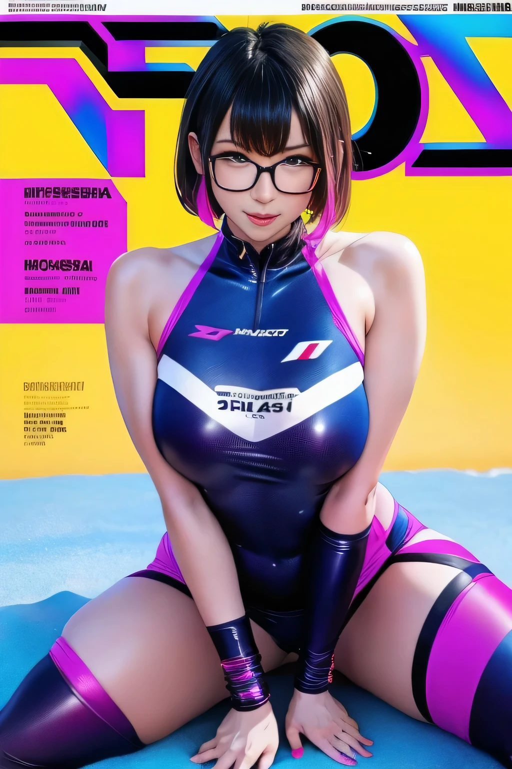 squat！、Dynamic Pose、Spread your legs、Glasses、Dark Skin、Sponsor logos、(Light Smile:1.07),cyber punk、No sleeve、(Shiny and colorful beach volleyball costume)、(magazine:1.3), (Cover Style:1.3),(Soaking wet:1.15)、Put your hands behind your head、(Full Body Shot)、((masterpiece))、 Very beautiful face and eyes，Colorful Korean Idol Hair，Look at the viewers、