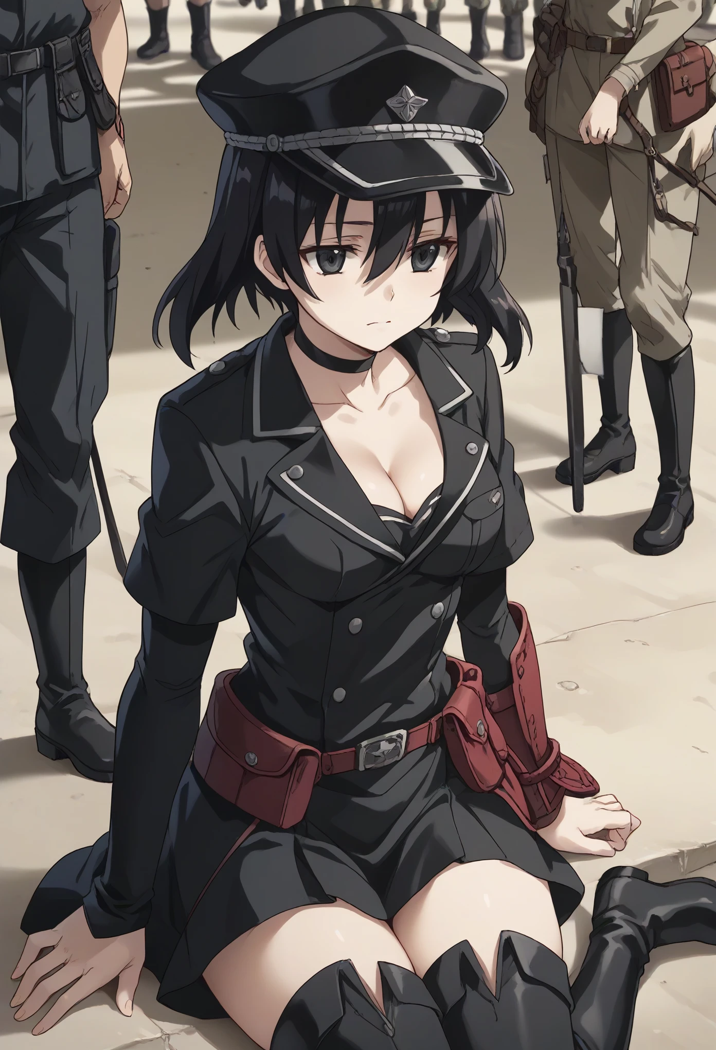 kurome, short hair, black hair, black eyes, hair between eyes,boots, choker, cleavage, collarbone, hat, military, military uniform, peaked cap, thigh boots, thighhighs, uniform,