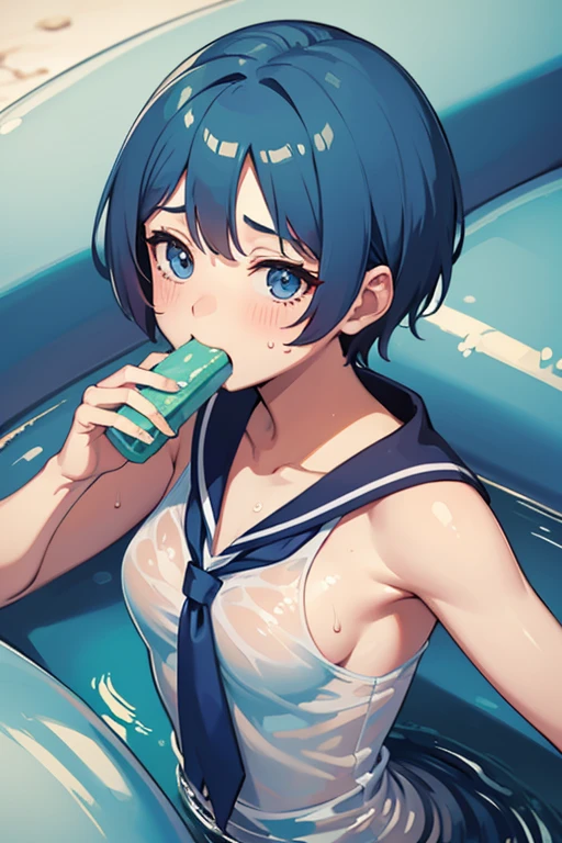 Striped, undressed Sailor Mercury covered in translucent slime and sweat, eating wiener