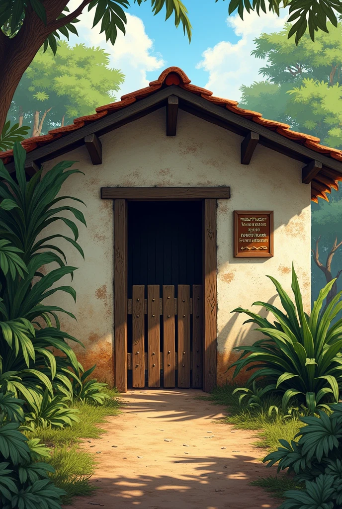 Simple house on the outskirts of Brazil, in Mura, with a little gate, and with a plaque on the wall saying “Terreiro de Baruba - Mestre Orlando Andrade”.