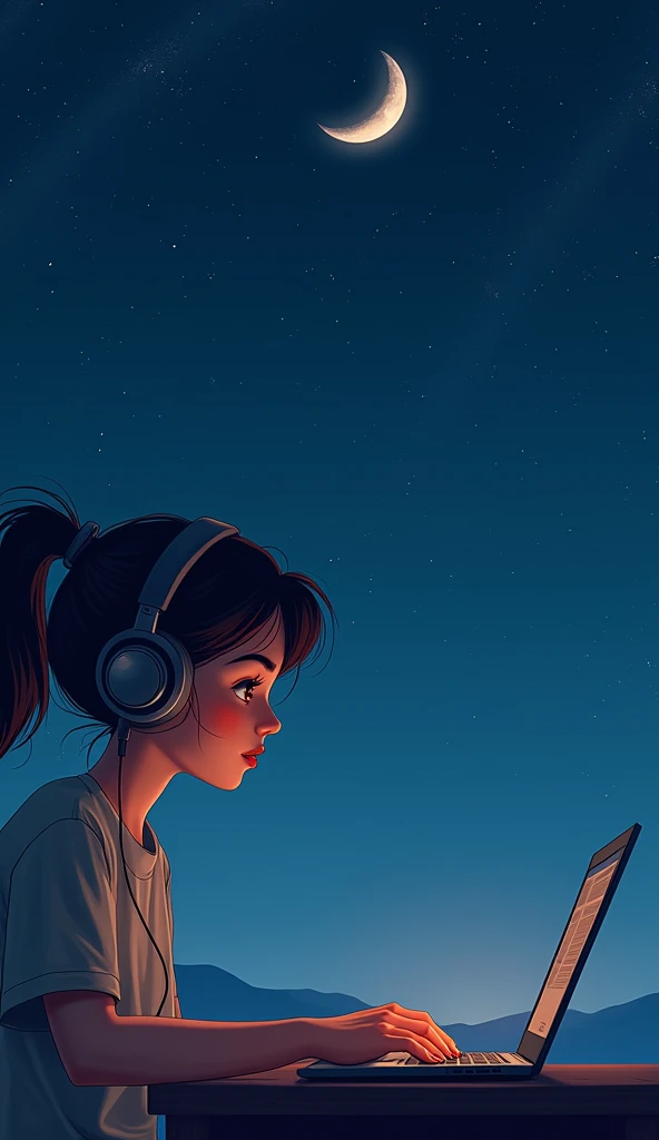 Girl working on a laptop while listening to jazz on headphones with the night sky in the background