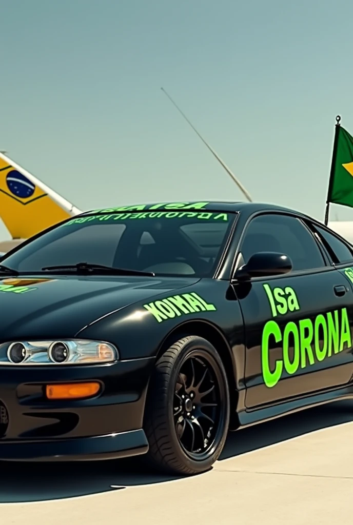 Create an image of a 1997 Eclipse turbo model car, cor preto, customized with several identical green stickers written Isa Corona measuring 30x15 for political campaign, and two Brazilian flags displayed on the airfoil