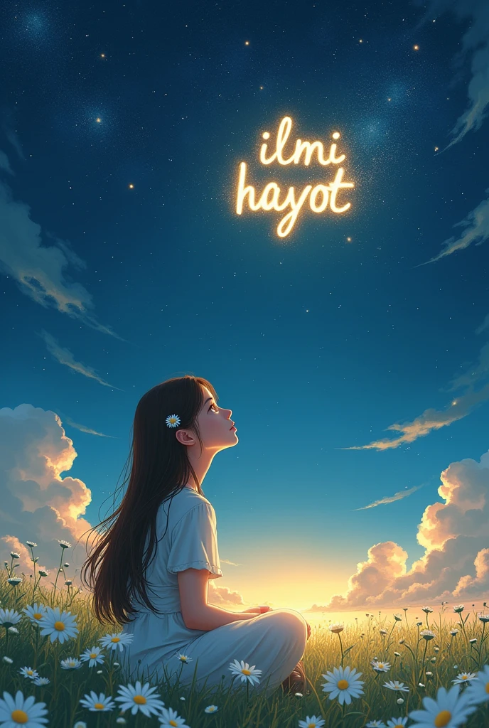 Who is the vote?. Atrof tim qorongʻu. Faqat oy nurigina bor. A  girl is sitting in a wide field looking up at the stars. One of the brightest stars in the sky "ILMI HAYOT" the word was formed. Qiz shu soʻzga termulgancha hayol surmoqda. She is wearing a white dress. Her hair is long and spread down to the ground. He has a daisy flower in his ear. Atrofda ham moychechak va oq lolalar toʻla. There is a special calmness.