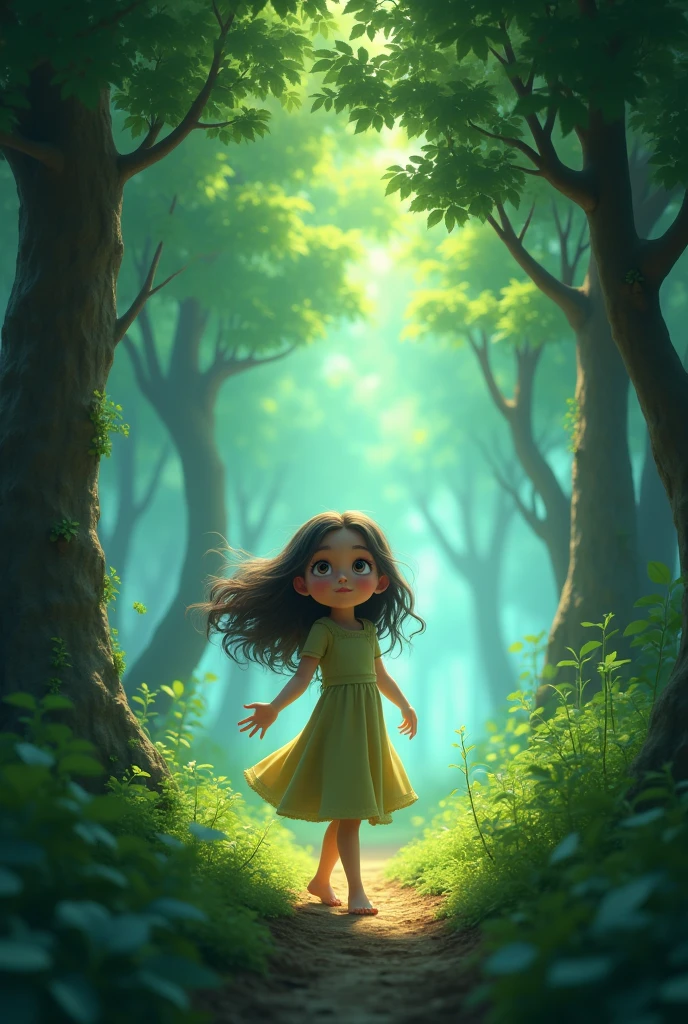 A young girl stepping out of the magical forest, with trees appearing to whisper and glow as she leaves.""Hyper-realistic, 8k,ultra HD, pixar style, Disney style, cinima 4d, ar 3:2