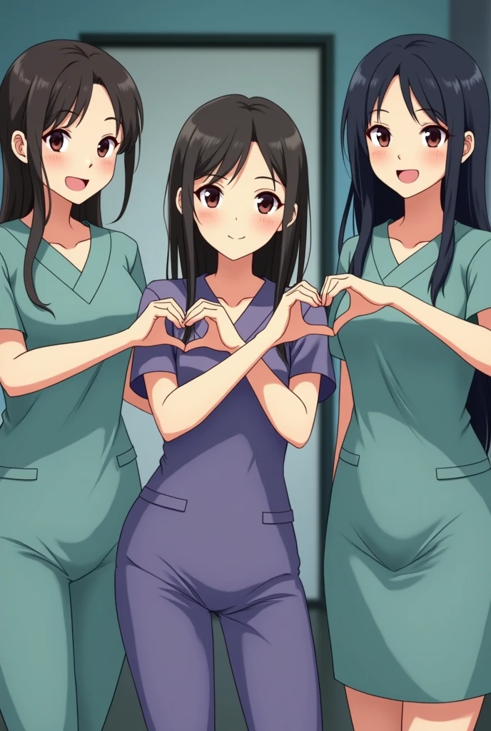 photograph, cowboy shot, three women with hands together making heart shape, smiling beautiful Japanese female nurses wearing nurse uniform, hourglass figure, beautiful detailed face, black hair, pale skin, fair skin, realistic skin, detailed cloth texture, detailed hair texture, Perfect proportion, Anatomically correct, Highly detailed face and skin texture, private modern hospital room, looking at viewer, asian face , perfect anatomy, realistic