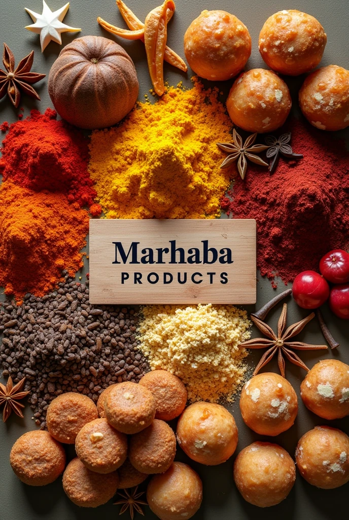 Traditional spices chilli powder, Turmeric, pepper, cloves , star anise, fennel and Traditional indian sweets laddu , gulab jamun , barfi , cookies and in the middle a big name tag says marhaba products