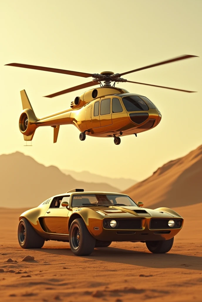 Golden helicopter on a huge car