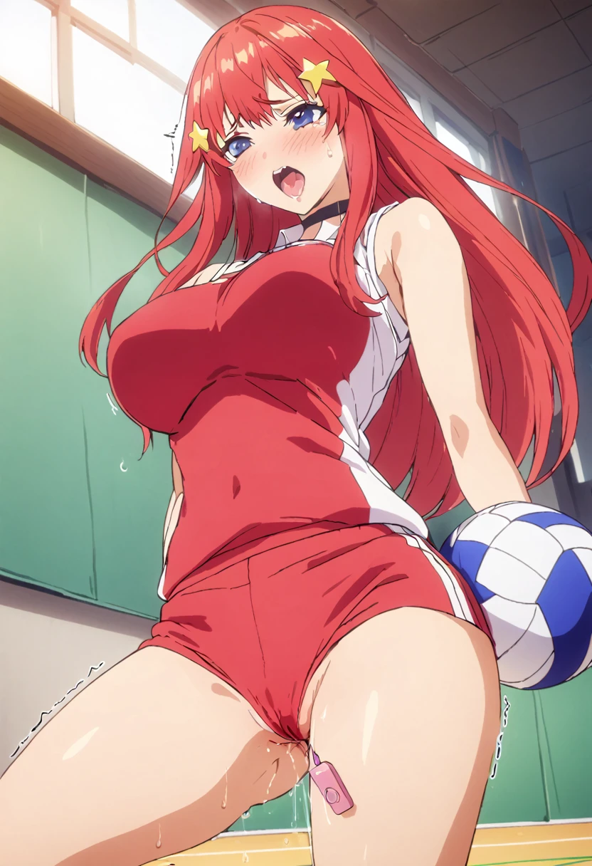 (Highest quality, 4K, 8k, High resolution, masterpiece:1.2), Very detailed, Picturesque, Animated Photography, Photo Animation:1.37)、Japanese schoolgirl、(Red Hair)、(Long Hair)、(yellow star hair ornament)、(white Volley Uniform:1.3),pink buruma,Volley Uniform,sports shoes,tight clothes,cameltoe,(indoor volleyball court:1.3)、Put a vibrator in your vagina,pussy juice、Black choker、Ecstasy face、Sweat、Are crying、vapor、trembling、Nakano May