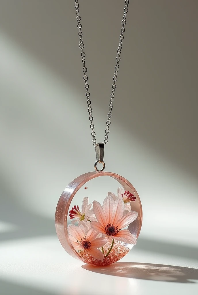 draw a necklace alone, of resin, circular, silver metal chain, crystalline, with flowers inside