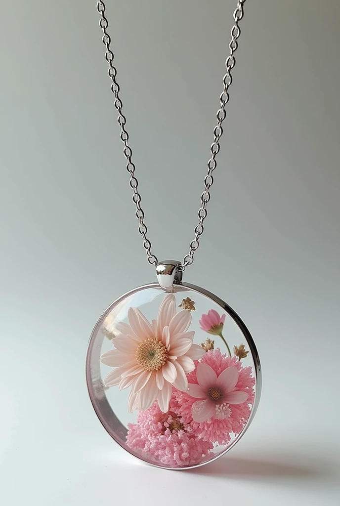 draw a necklace alone, of resin, circular, silver metal chain, crystalline, with flowers inside