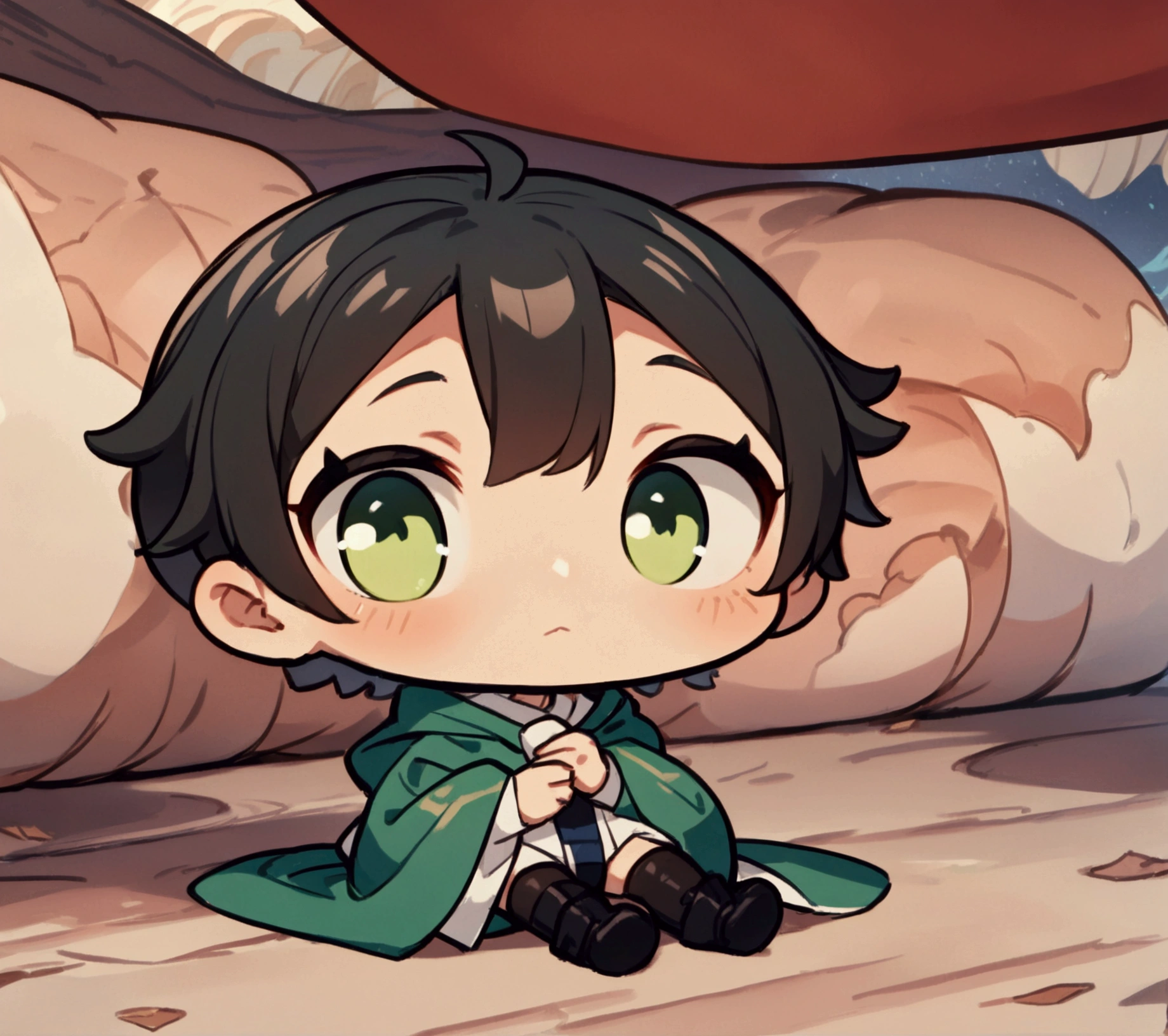 Chibi, boy, short dark brown hair, big green eyes, wearing black and red jester outfit, Face with a mischievous and curious expression, sitting, ((Intricate anime character design inspired by Ousama Ranking)), ((Stunning lighting)), ((Fine lines)), ((Stunning focus)), ((Stunning face)), ((Detailed focus)), ((Detailed background)), ((Ultra-fine 2D design)), ((Background full of creativity)), ((2D masterpiece)), ((Best quality), ((8K)), ((Anime style))
