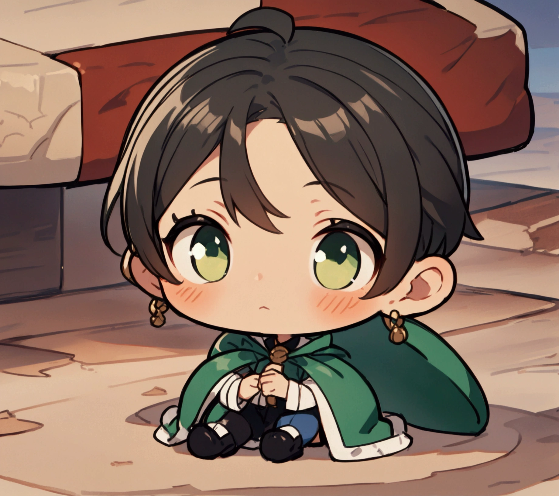 Chibi, boy, short dark brown hair, big green eyes, wearing black and red jester outfit, Face with a mischievous and curious expression, sitting, ((Intricate anime character design inspired by Ousama Ranking)), ((Stunning lighting)), ((Fine lines)), ((Stunning focus)), ((Stunning face)), ((Detailed focus)), ((Detailed background)), ((Ultra-fine 2D design)), ((Background full of creativity)), ((2D masterpiece)), ((Best quality), ((8K)), ((Anime style))