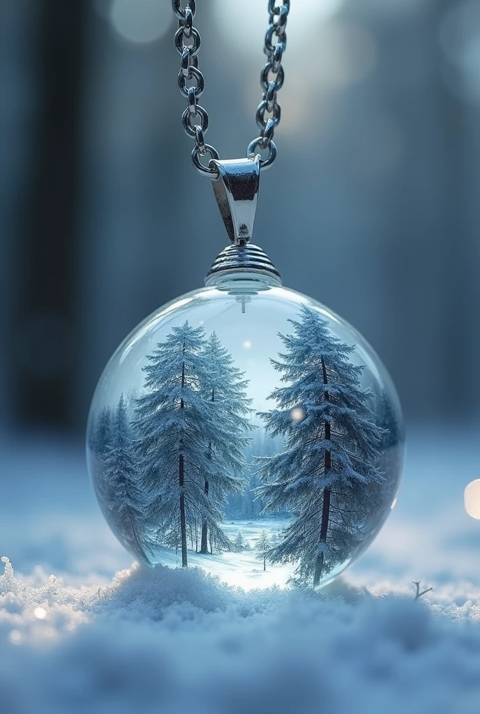 draw a necklace alone, Shape of the sphere, silver metal chain, crystalline, with a snowy forest inside