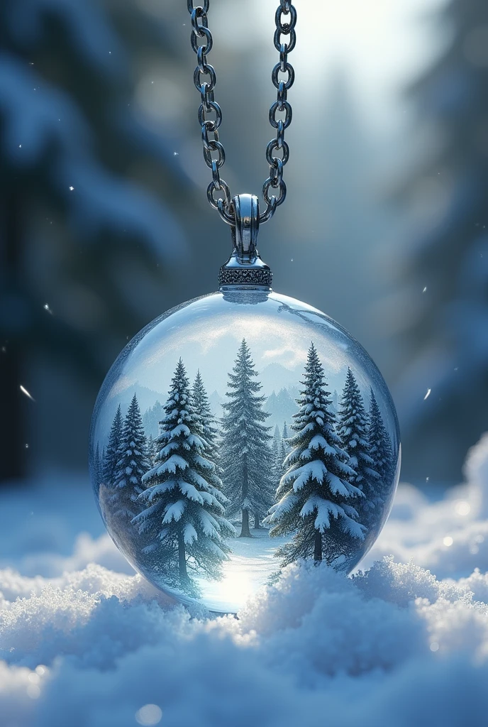 draw a necklace alone, Shape of the sphere, silver metal chain, crystalline, with a snowy forest inside