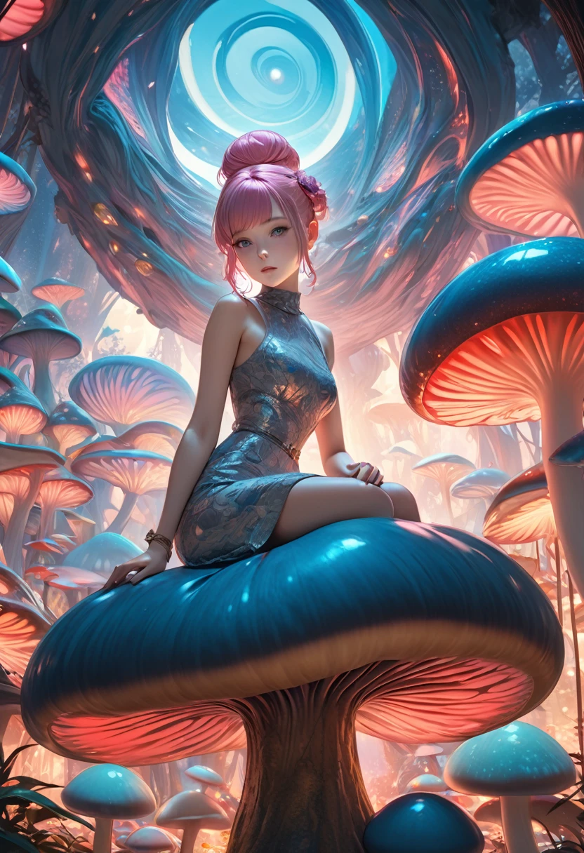 1girl,beautiful 18 year old girl,pink hair in a bun,bare shoulders,sitting on a giant mushroom,elegant,chic,modern,fashionable,muted colors,soft lighting,art nouveau,psychedelic anime style,colorful,trippy,(best quality,4k,8k,highres,masterpiece:1.2),ultra-detailed,(realistic,photorealistic,photo-realistic:1.37),HDR,UHD,studio lighting,ultra-fine painting,sharp focus,physically-based rendering,extreme detail description,professional,vivid colors,bokeh, portrait, straight on,