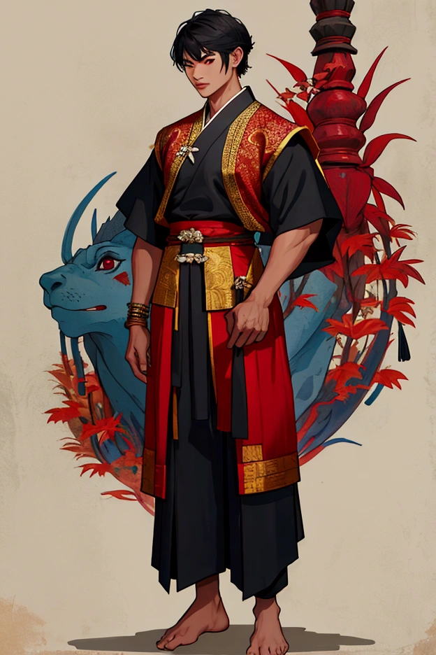 man,short hair,Thai dress, Thai shirt, maroon pattern,Blue chong kraben pants,Use black magic,No shoes while standing.Ancient Thai costume, holding a sword