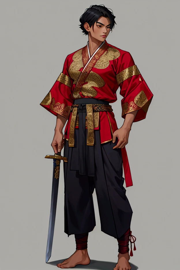 man,short hair,Thai dress, Thai shirt, maroon pattern,Blue chong kraben pants,Use black magic,No shoes while standing.Ancient Thai costume, holding a sword