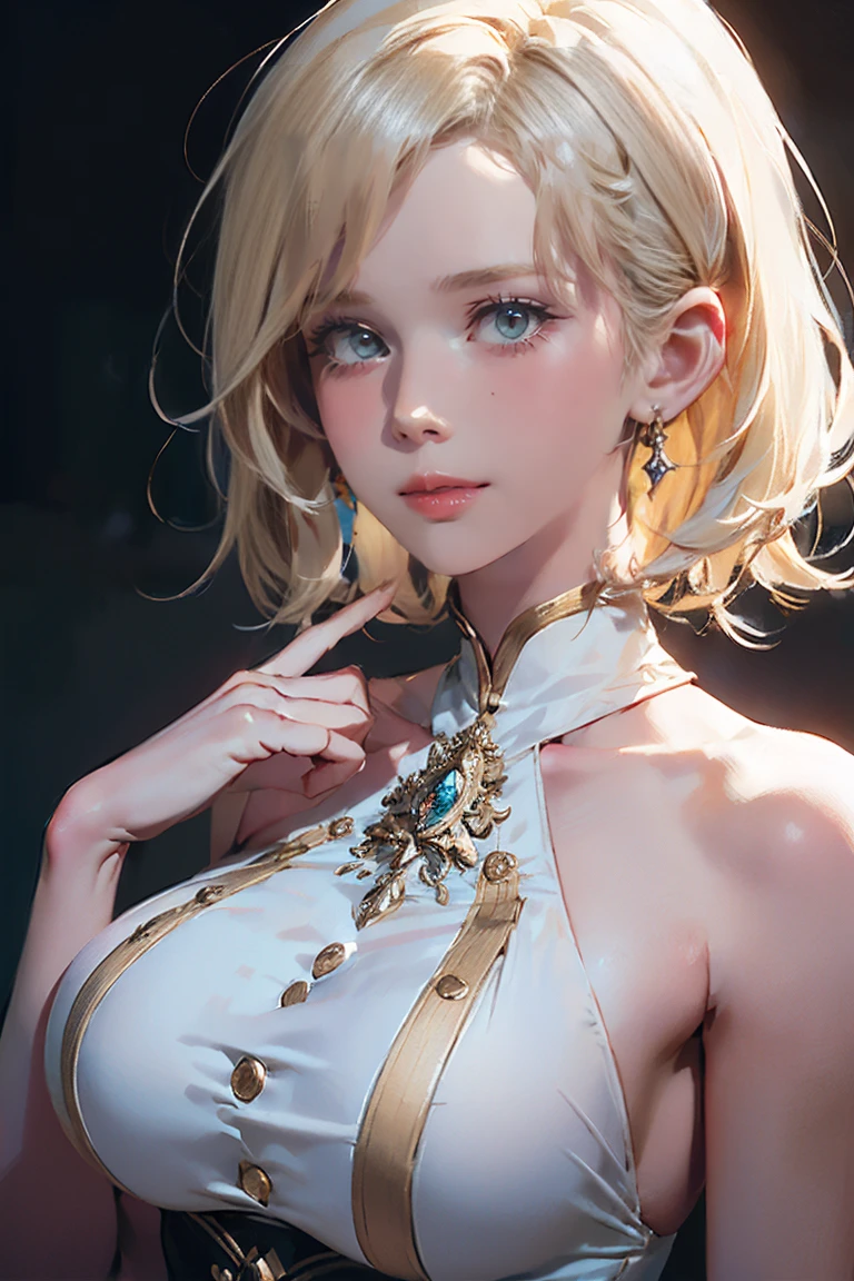 ((((masterpiece, Highest quality, High resolution)))), Very detailed16K, (Ultra HD, Very detailed, Very detailed, Very realistic, Ultra-realistic, Photo Real), (One person:1.5), Beautiful light blonde short hair, (Dynamic pose,Hands above head), (Close-up of the upper body:1.5),To the camera, A light smile, (Huge breasts, (Beautifully detailed face, Beautiful attention to detail), (Ultra-realisticな美しい透け感のあるsexyなマジシャンロングブラックドレス, The front buttons of the magician's long dress are not fastened, White feathers printed:1.5), (Naked breasts are visible:1.3),Shine, Sweat, (rays of moonlight, moonlight),sexyな長い脚, Exposed breasts,sexy, blush,Looking up at the sky, Ultra-realisticな広大な風景, photogenic scenery, In a beautiful garden, european royal palace, Windy Day,Hair blowing in the wind,