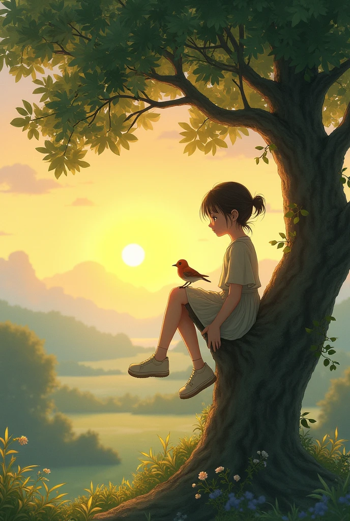 Girl on top of a tree watching the sunrise and a thrush next to her