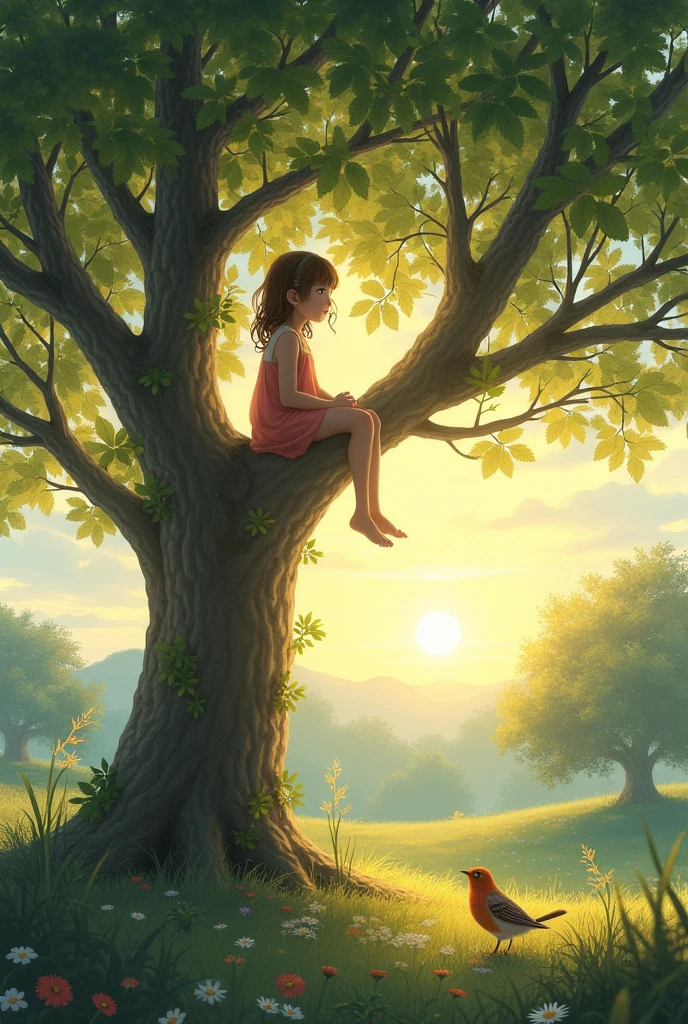 Girl on top of a tree watching the sunrise and a thrush next to her