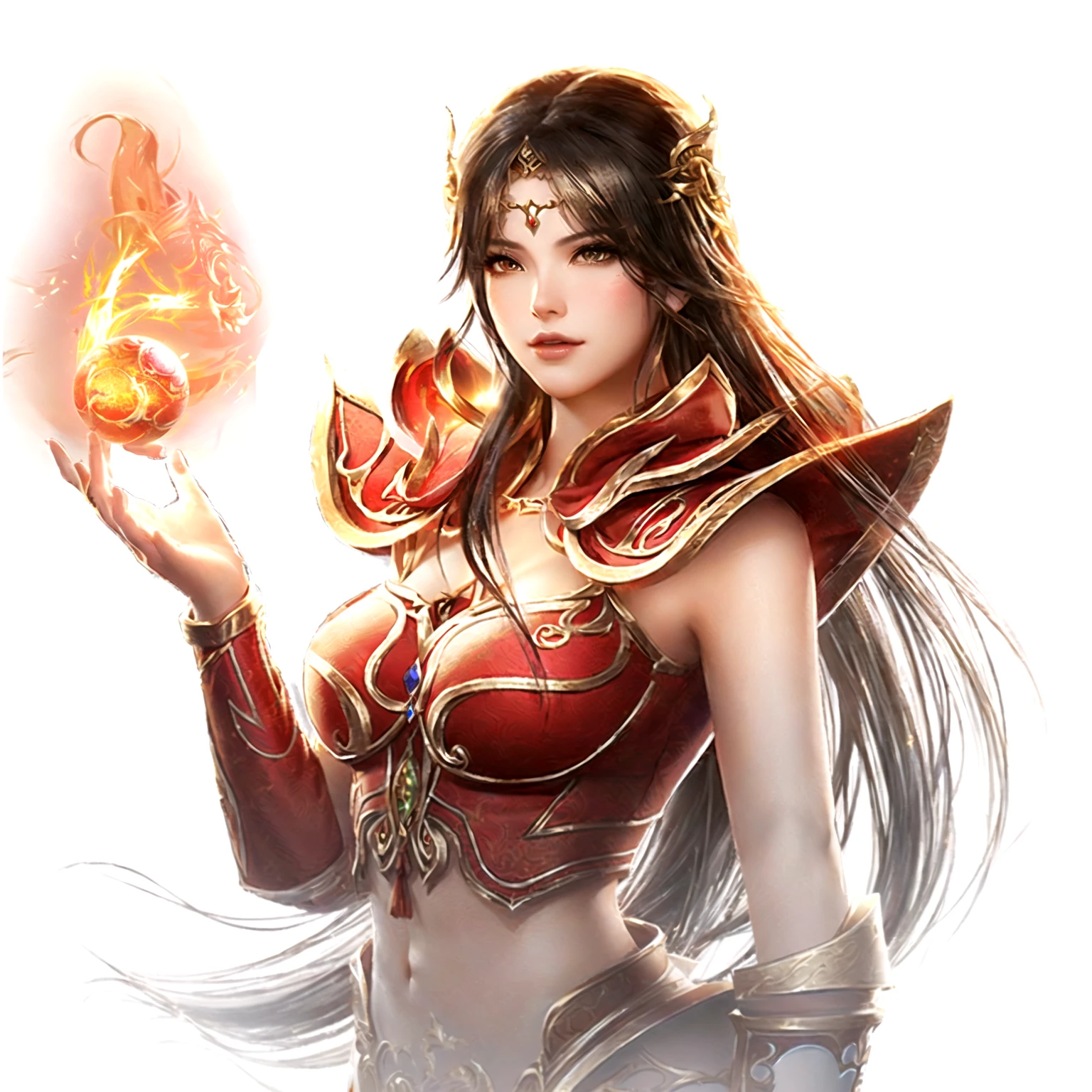 Close-up：A woman holding a glowing ball, Beautiful fantasy queen, Fire Mage, 2. 5D CGI anime fantasy artwork, Appears as a fire goddess, G Liulian art style, Inspired by Ju Lian, Epic Mage Girl Character, digital fantasy art ), Ruan Jia and Artgerm, Beautiful witch