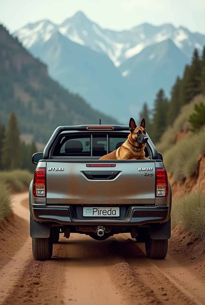 Create a white Toyota Hilux, that the license plate holder says "PINEDA" and in the back I carried a Belgian shepherd dog with fully tinted windows and a rough appearance, with a bottom a mountain on a dirt road with mud.