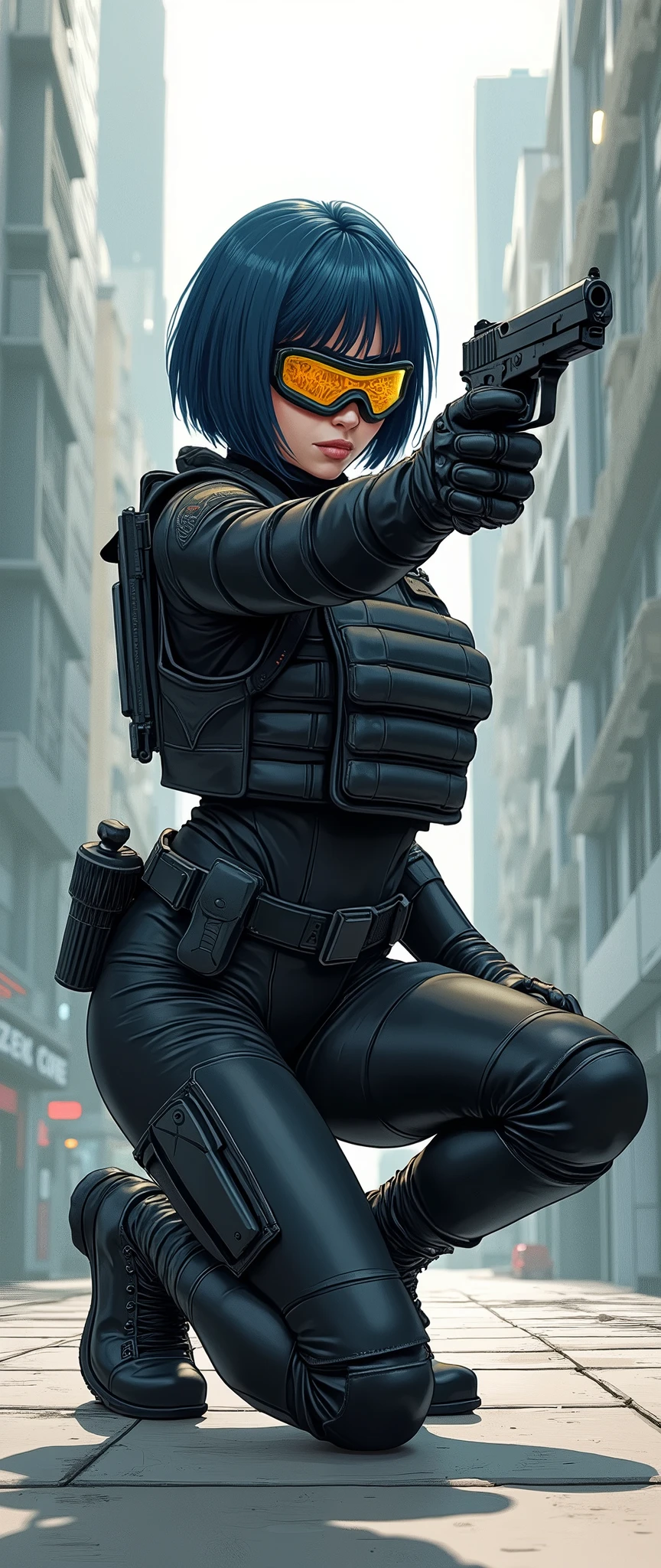 (masterpiece,Distinguished Quality,Mirror-like,Cinematic Experience,insanely detailed,absurdres),8k,wallpaper,,(Best illustrations:2.0),(One Woman:2.0),(Motoko Kusanagi:2.0),(Ghost in the Shell-style worldview:2.0),BREAK(Black tactical bodysuit:2.0),(Heavy black bulletproof vest:2.0),(Black gloves:2.0),(Tactical Boots:2.0),(Navy Blue Hair),(Wearing tactical goggles:2.0),(Tactical data is displayed on the computer goggles.:1.6),BREAK(Short Bob:2.0),(Detailed Cyber Goggles Drawing:2.0),(Detailed female hand drawing:2.0),(sexy:2.0),(He kneels down and aims a pistol at me.:2.0),(Raise your right knee:2.0),(Point the pistol towards me:2.0),(The background is Tokyo, where science and technology have developed.:2.0),(sf:2.0)