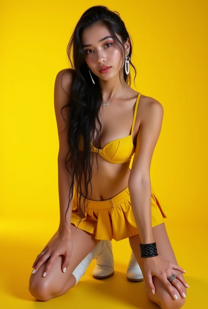  Young woman, Jennifer Lawrence, 18 years, soft body, black hair, Braids, whole body, hair reaches waist, whole body,((from head to toes)),Black bracelets, black chain, yellow bra, yellow pleated skirt, white high boots, Big earrings, close-up, 8K, Raw-Photo, Best quality, Masterpiece, Realistic, photo-Realistic,seductive,Cute,yellow background, erotic pose, On the knees , Open leg