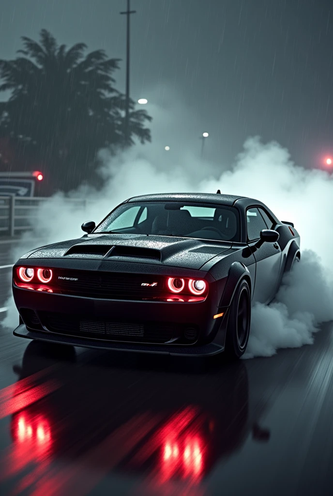Dodge challenger black and white colours car in rainy black background smoke red headlights
Speeding car
shine road
