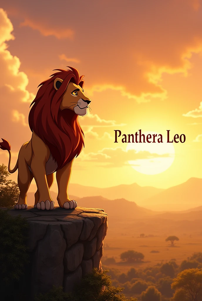 take a photo with a view from the movie the lion king, include a lion on a rock as if roaring, the photo is made sideways, make the lion softer and not look fierce, make the photo brighter, make the photo show more of the scenery, make the lion better, now remove everything except the sky and then write in the middle of the photo "Panthera leo"