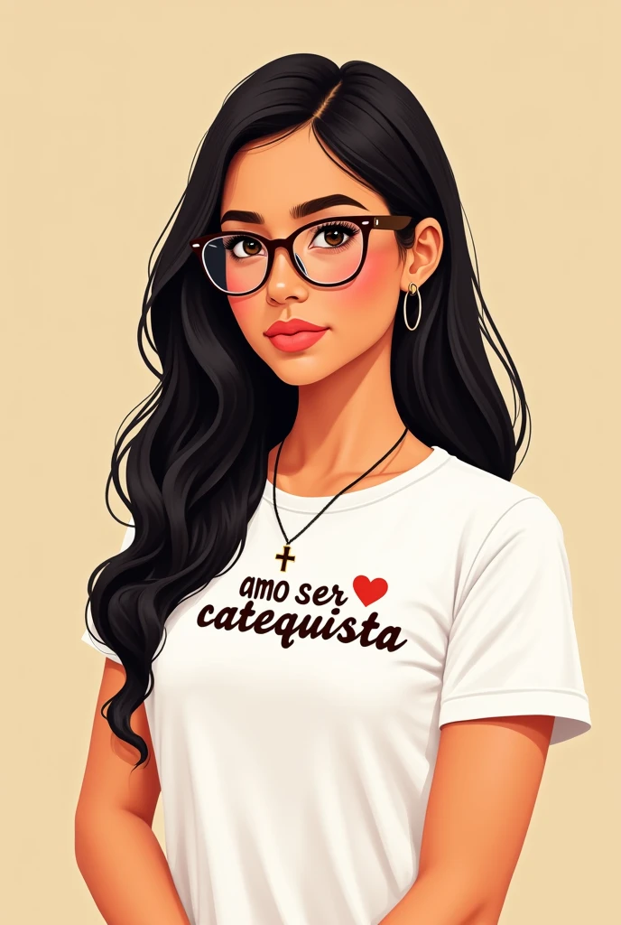 Brunette woman with very long straight black hair, with pointed brown glasses, con camisa blanca que diga en el pecho amo ser catequista en español y un ❤️ y que tenga una cruz en el pecho pequeña. In illustrated form 