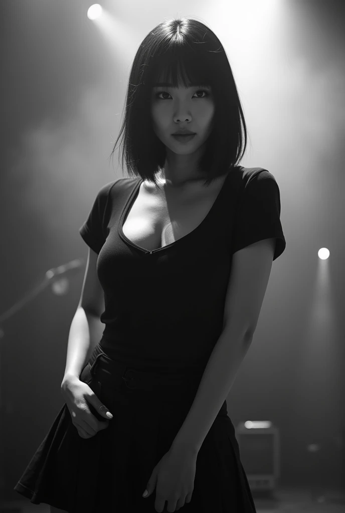 Black and white photography、Live footage、25 year old woman。Asian woman with short bob、Straight Hair、band、skirt、Beautiful Face、Punk Rock、Large Breasts、Satomi Ishihara、Black T-shirt、A cleavage so big you could squeeze your penis in it、Stage Lighting、smoke、mist、Alice Hirose、Solo artist、skirtめくり、Leaning forward to look at you、