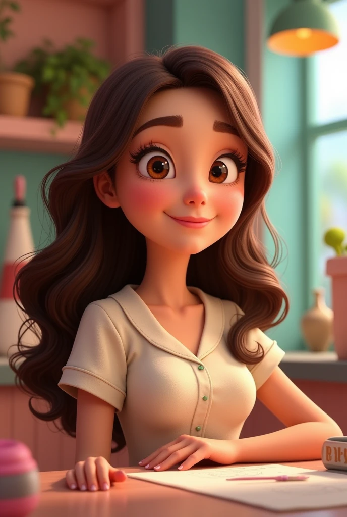 Manicurist pixar is breeze has long brown hair a mole on the cheek small brown eyes and curly brunette chubby