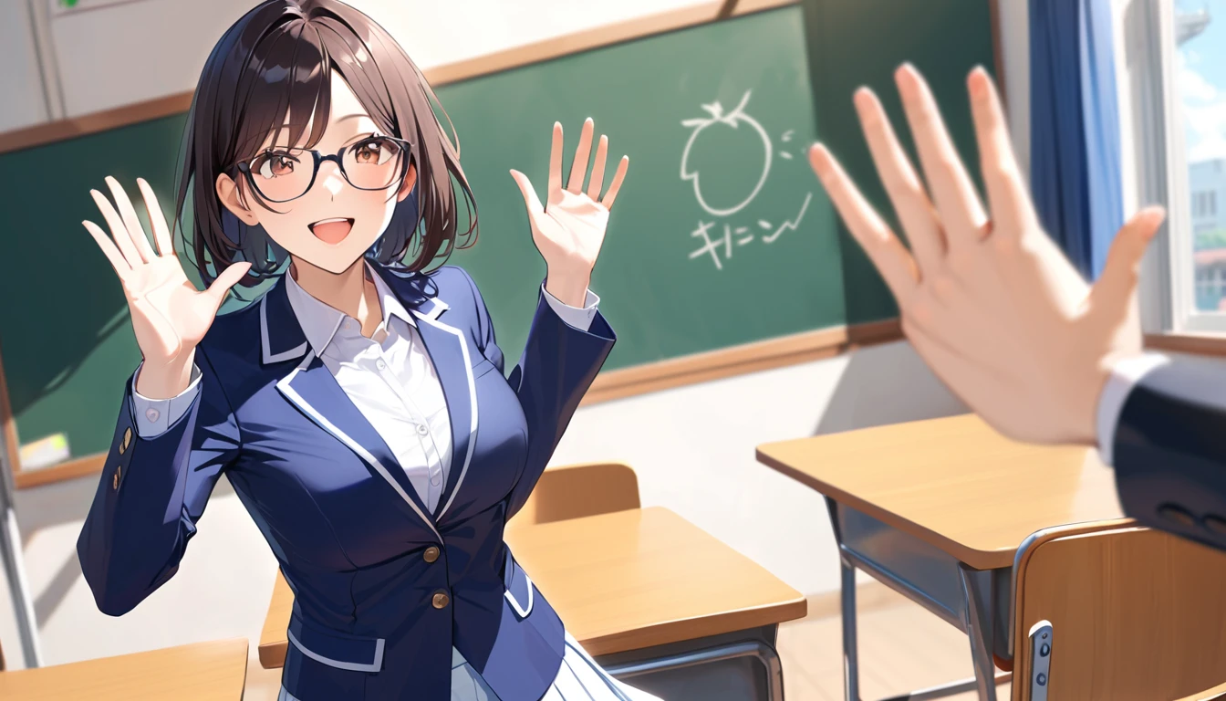 25, female, long, dark hair, glasses, greeting cheerfully, waving hands, front, navy blue blazer, white shirt, long navy blue skirt, teacher, classroom with blackboard in background, blurred background
