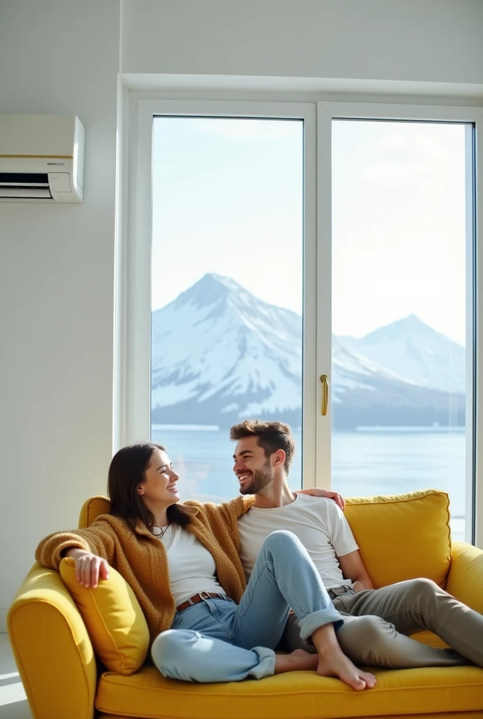 need a square frame photo where there is a white elegant living room where in left side a long plain white wall with an air conditioning and a yellow couch on the floor with a young happy couple on the couch and from the right side window there should be an ice mountain which shows freshness and coolness,