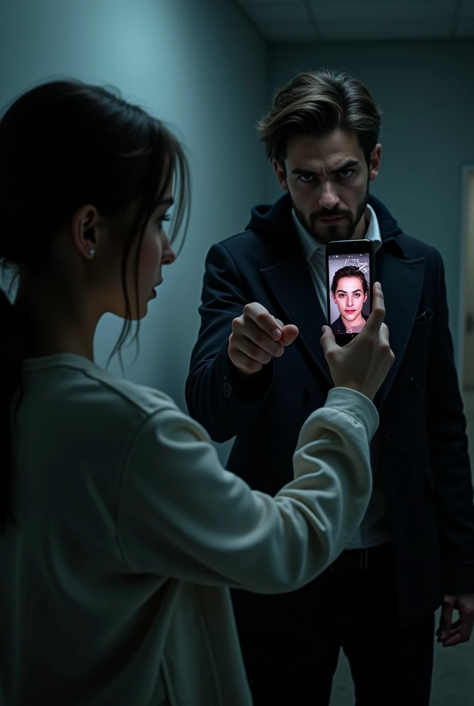 A girl trying to take a picture of baf boy who is looking at her with bad intentions.and the interface of mobile should be like it is scanning the face of that person