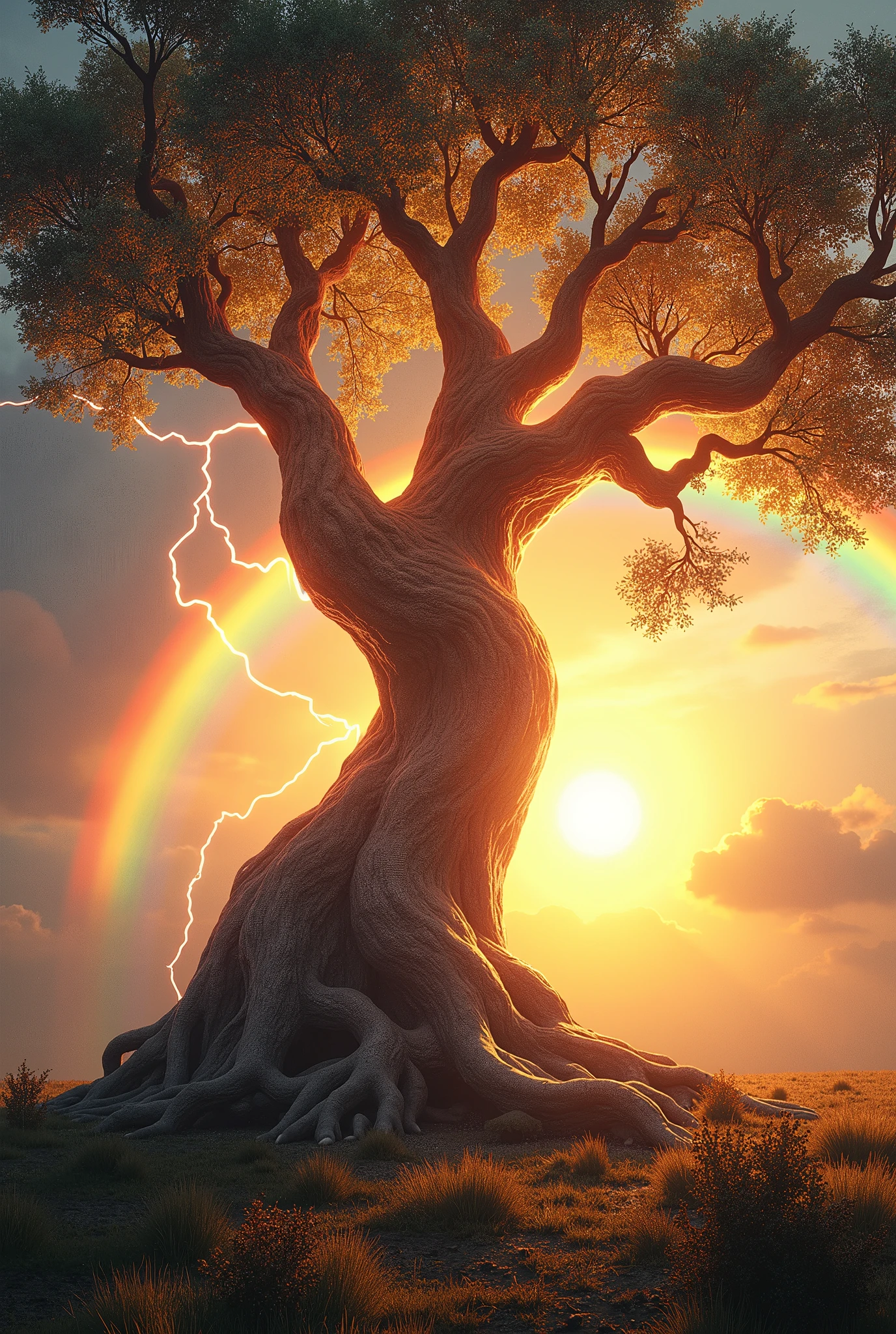 natural tempest, high voltage on a tree, sun, rainbow