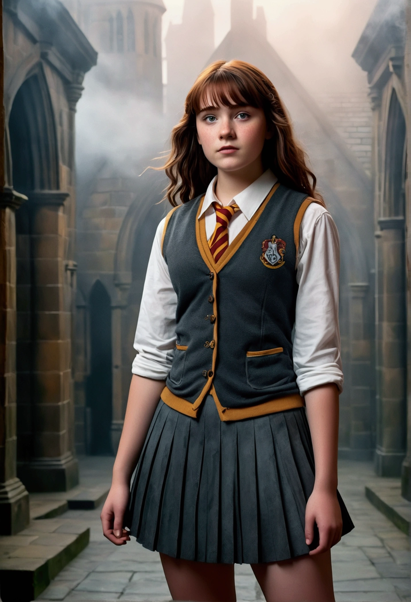 An illustrated movie poster, hand-drawn, full color, a teenage Hogwarts student, 18-years-old, female, wearing a charcoal vest and a pleated skirt, athletic hourglass figure, busty bosoms, full wide hips, massive round butt, long shapely legs, ridiculously thick powerful thighs, vibrant eyes, deep dark auburn hair, thick shaggy bangs, flushed sun-kissed complexion, freckles, standing in a foggy Hogwarts courtyard, surrounded by mist, graphite shading, stencil marks, airbrushed acrylic paint, masterpiece, close-up shot, in the style of the Deathly Hallows
