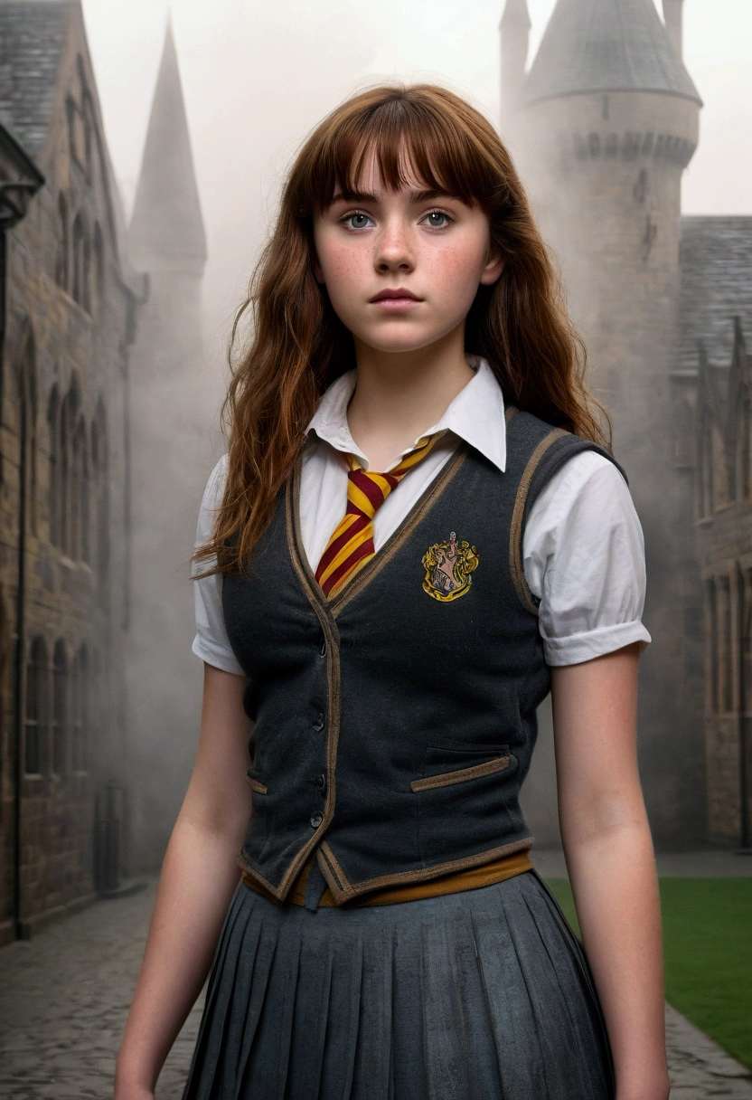An illustrated movie poster, hand-drawn, full color, a teenage Hogwarts student, 18-years-old, female, wearing a charcoal vest and a pleated skirt, athletic hourglass figure, busty bosoms, full wide hips, massive round butt, long shapely legs, ridiculously thick powerful thighs, vibrant eyes, deep dark auburn hair, thick shaggy bangs, flushed sun-kissed complexion, freckles, standing in a foggy Hogwarts courtyard, surrounded by mist, graphite shading, stencil marks, airbrushed acrylic paint, masterpiece, close-up shot, in the style of the Deathly Hallows