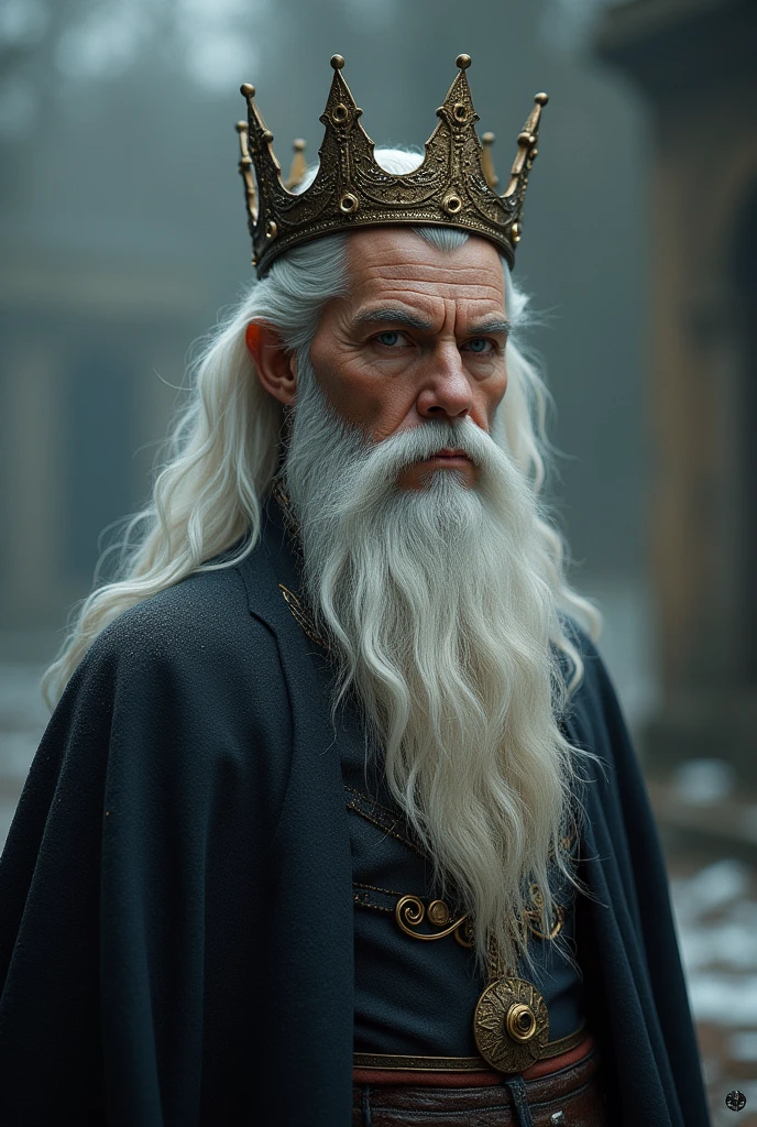 A man no older than 4, long hair and short beard white as snow, black eyes and a rough and stoic appearance, wearing a crown