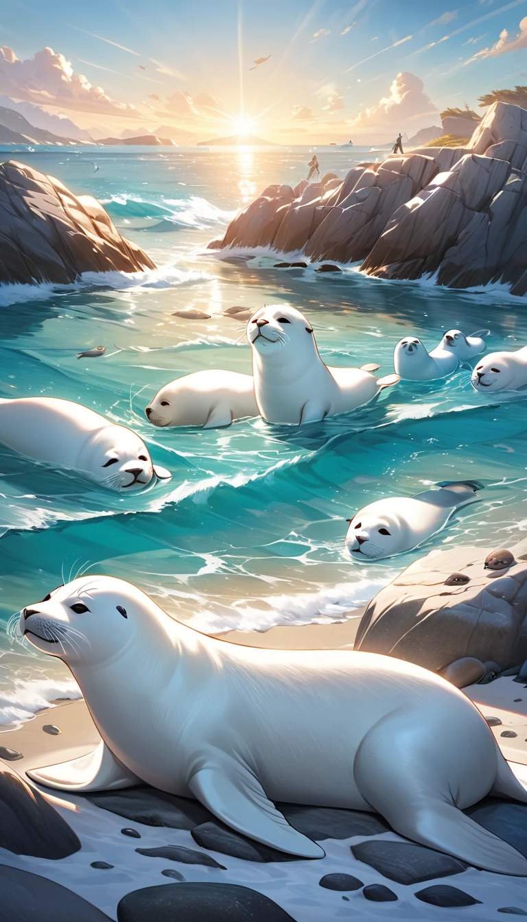 Ultra-realism . a breathtaking seascape of group of seals, including the white seal, basking happily in the sun on a rocky beach by the turquoise water. The sky is clear, and the seals are relaxed and content, symbolizing a peaceful and happy ending to the journey."
These prompts should help create the visual elements that bring the story to life, capturing both the challenges and the happy resolution of the white seal's journey.
