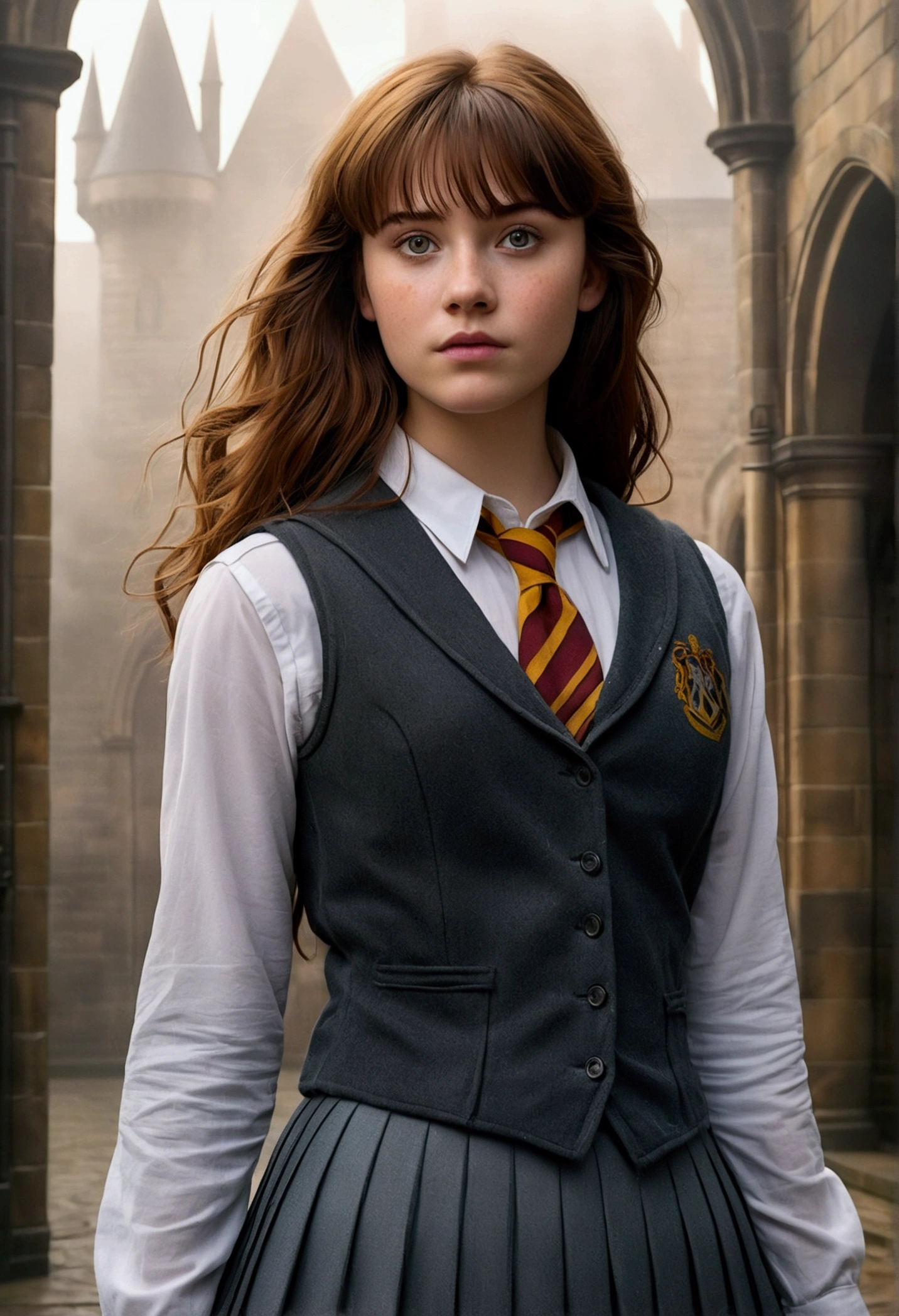 An illustrated movie poster, hand-drawn, full color, a teenage Hogwarts student, 18-years-old, female, wearing a charcoal vest and a pleated skirt, athletic hourglass figure, busty bosoms, full wide hips, massive round butt, long shapely legs, ridiculously thick powerful thighs, vibrant eyes, deep dark auburn hair, thick shaggy bangs, flushed sun-kissed complexion, freckles, standing in a foggy Hogwarts courtyard, surrounded by mist, graphite shading, stencil marks, airbrushed acrylic paint, masterpiece, close-up shot, in the style of the Deathly Hallows