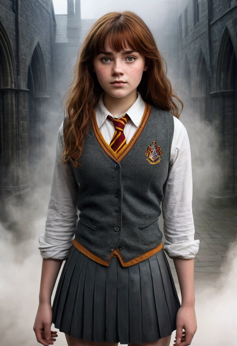 An illustrated movie poster, hand-drawn, full color, a age Hogwarts student, 18-years-old, female, wearing a charcoal vest and a pleated skirt, athletic hourglass figure, busty bosoms, full wide hips, massive round butt, long shapely legs, ridiculously thick powerful thighs, vibrant eyes, deep dark auburn hair, thick shaggy bangs, flushed sun-kissed complexion, freckles, standing in a foggy Hogwarts courtyard, surrounded by mist, graphite shading, stencil marks, airbrushed acrylic paint, masterpiece, close-up shot, in the style of the Deathly Hallows