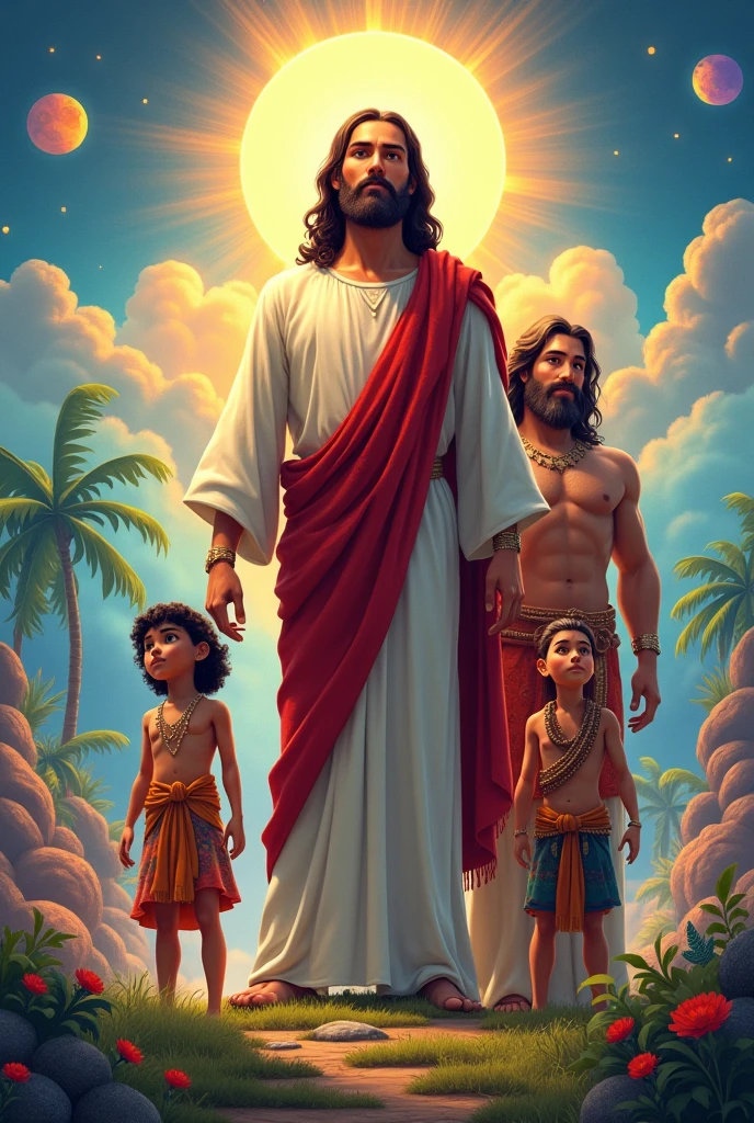 Create pixar animated style characters of Jesus Christ with his robe ,Zeus of Greek mythology, Ramayana of Hinduism,and a character from indigenous mythology man Create them on the same sheet but each character is different but stands out