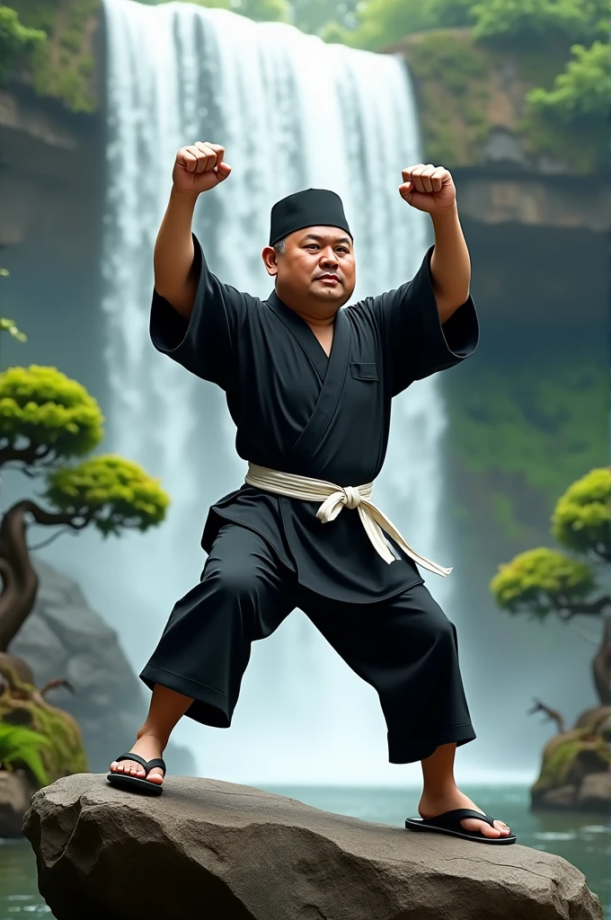 realistic 4D caricature photo, big head, an adult man with an Indonesian face, 40 years old, clean face, wearing a black cap, all black silat costume, white belt, flip-flops,pose while preparing a stance or performing a hand technique, one hand is raised upwards, the other hand is forward while standing on a large rock,with a beautiful waterfall and bonsai trees in the background 