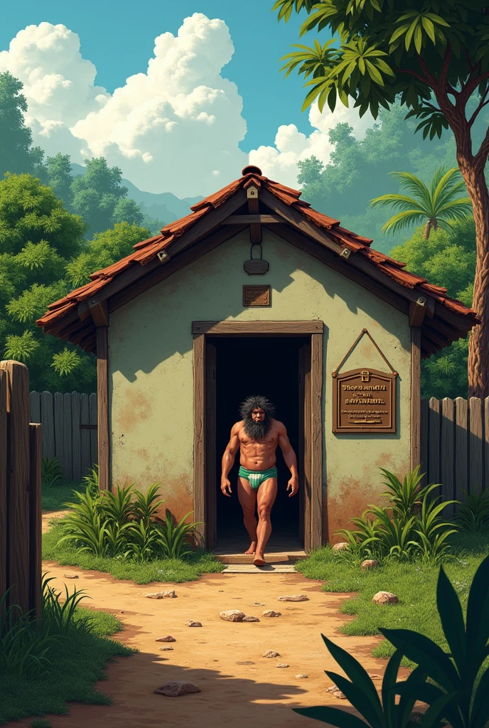 Simple house on the outskirts of Brazil, in Mura, with a little gate, and with a plaque on the wall saying “Terreiro de Baruba - Mestre Orlando Andrade”, with a hairy man in his underwear coming out of it.