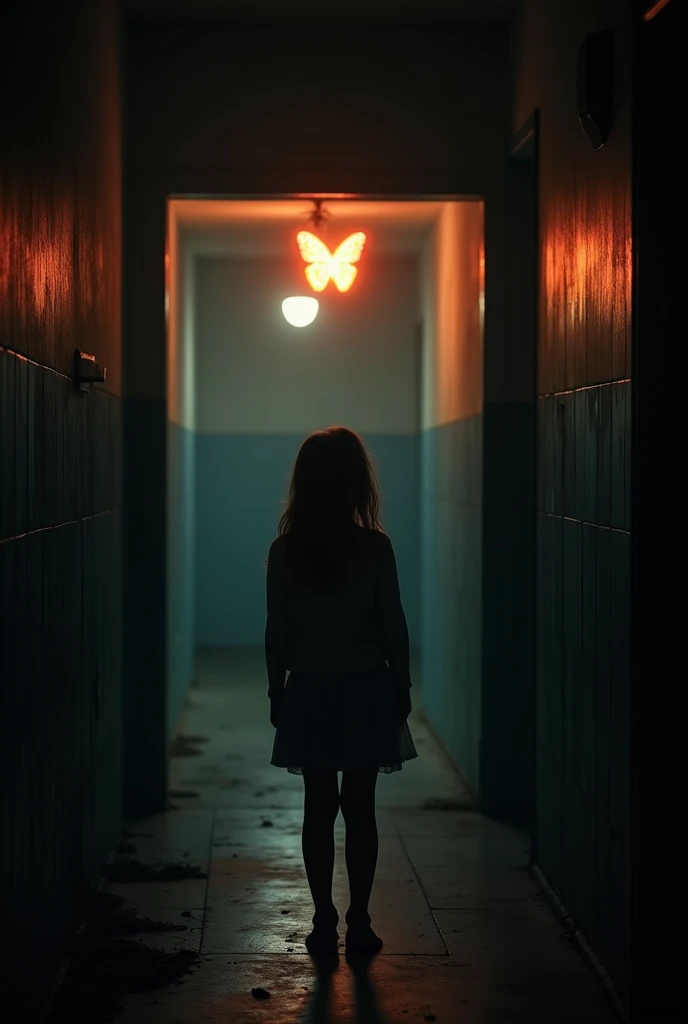 Abused  old  girl in the dark  hallway of an orphanage and a glowing fiery small 
butterfly in the distance